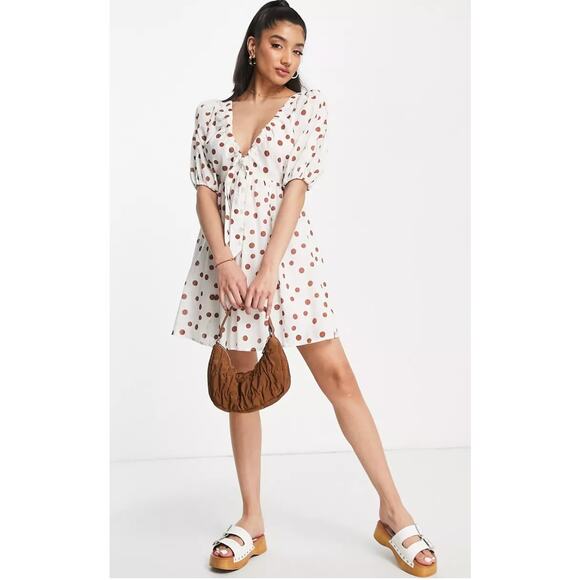 Abercrombie White Brown Polka Dot Puff Sleeve Mini Dress - Picture 3 of 13